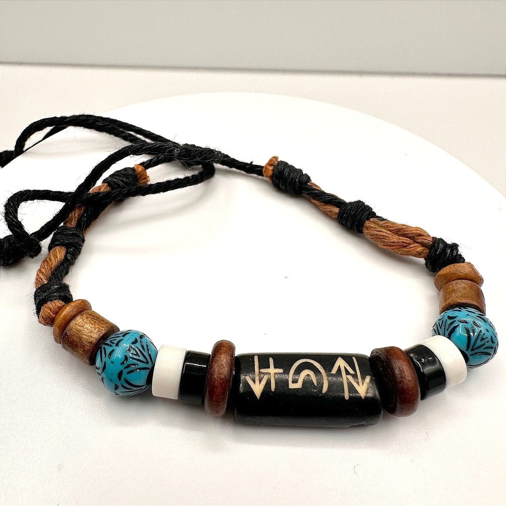 Vintage 90s Tribal Beaded Cord Bracelet‎ Blue Black Stone Wood Boho Jewelry Y2K